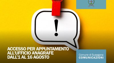 Accesso per appuntamento all’ufficio anagrafe dal 1 al 16 agosto